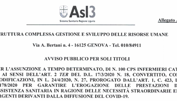 Avviso pubblico per soli titoli per 100 posti di Infermiere, Asl3
