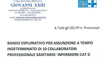 Bando esplorativo per assunzione a tempo determinato, 10 infermieri Casa di Cura Giovanni XXIII