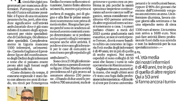 Articolo tratto da Secolo XIX del Presidente Gagliano in merito alla carenza degli Infermieri