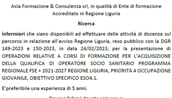 Attività di docenza per infermieri, corsi OSS regionali, acquisizione disponibilità, Axìa srl