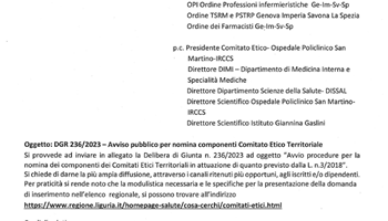 Avviso pubblico per nomina componenti Comitato Etico Territoriale