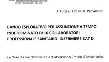 BANDO ESPLORATIVO PER ASSUNZIONE A TEMPO INDETERMINATO DI 10 INFERMIERI